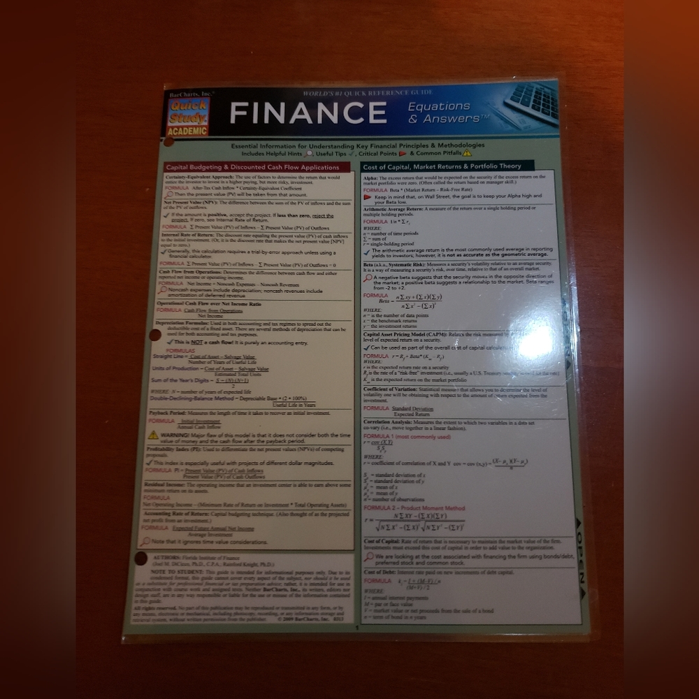 Finance Equations & Answers Quick Reference Guide